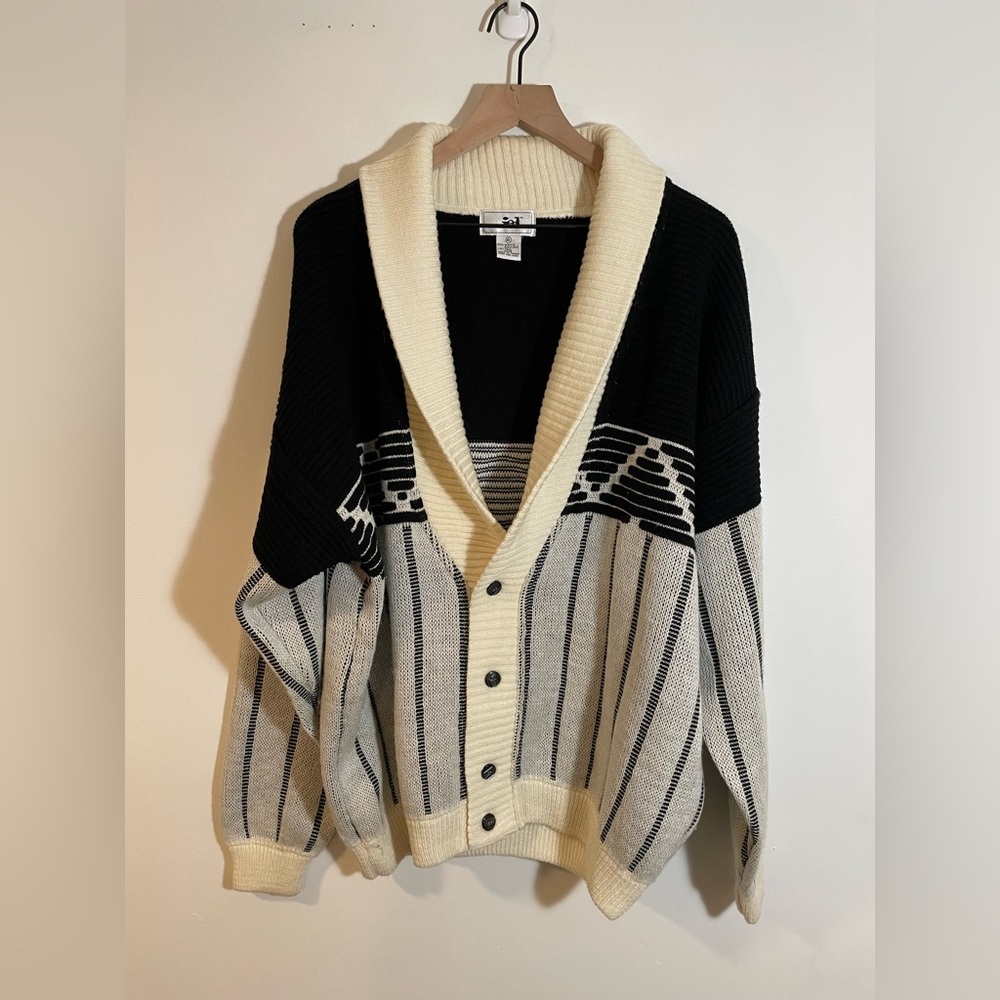 Vintage Jed Black Gray White Patterned Knit Cardigan Sweater Size XL 80’s 90’s